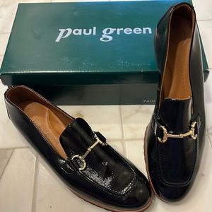 Paul Green Loafers - Black crinkle patent leather, gold horse bit detail.